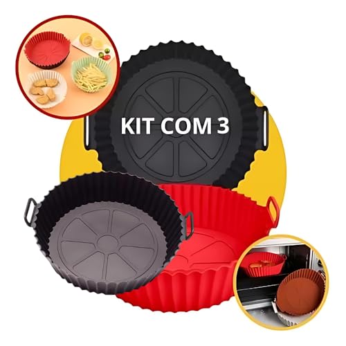 Kit 3 Cestas de Silicone Premium para Air Fryer, Antiaderente 20 cm - Forma Cesto Reutilizável de Fr