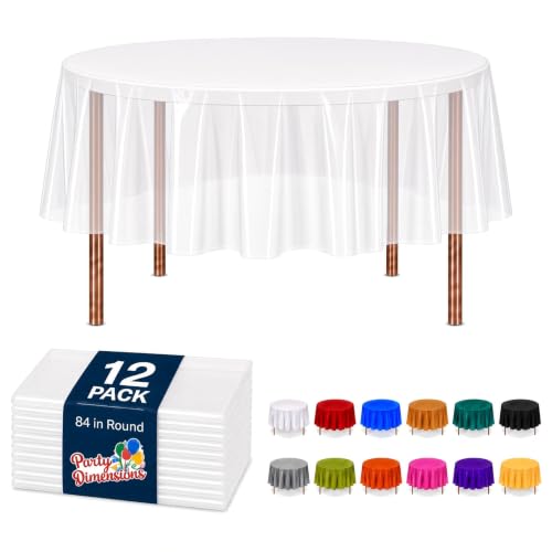 Image of Party Dimensions Clear Disposable Plastic Tablecloths, 12 Pack, 84 Inch Round Table Covers for Birthday Parties, Weddings, Baby Showers, Picnics, Indoor & Outdoor Events