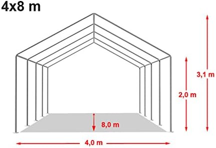Schematic diagram of the 4x8 m tent frame with dimensions: 4.0 m width, 8.0 m length, 2.0 m side height, 3.1 m ridge height.