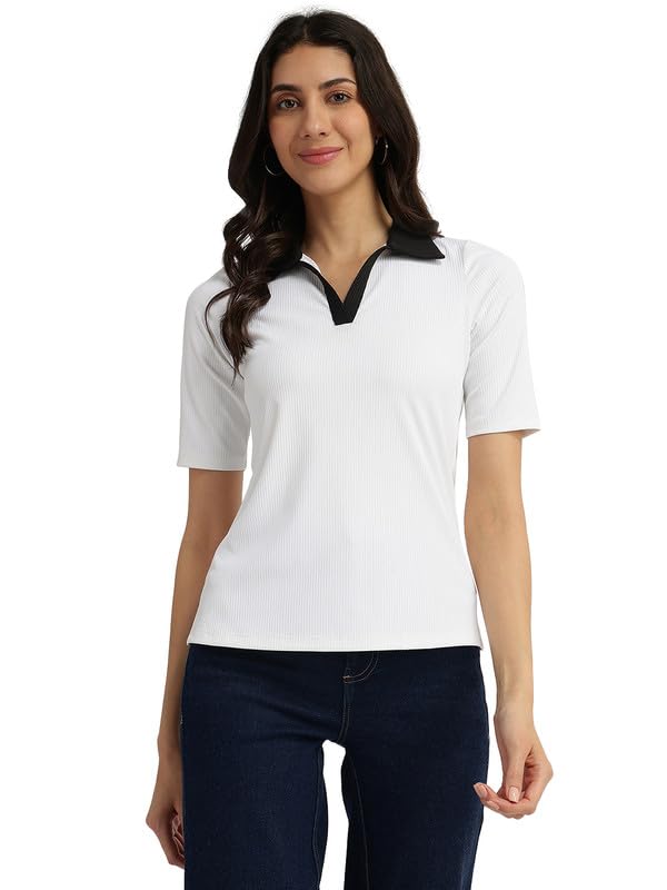fablestreet Women Polo T-Shirt | Slim Fit Ribbed Texture with Polo Neck & Short Sleeves | Stretchable Knitted Fabric for Casual, Smart Casual & Business Casual Wear-picture-24