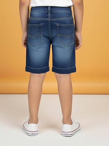 Image of KiddoPanti Boys Knee-Length Denim Shorts | Stretchable Cotton Poly Denim | Comfortable Fit with Button Elasticated Waistband & Zip Fly