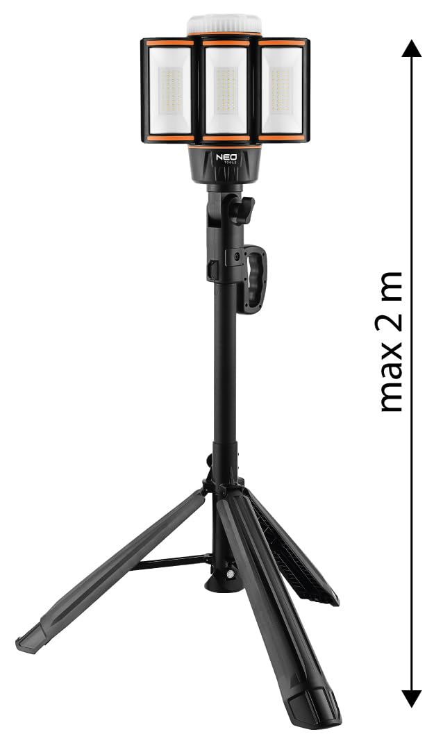 NEO TOOLS Akumulatorowy reflektor roboczy 5000 lm, IP44, regulacja wysokości do 200 cm, reflektor budowlany z możliwością ponownego ładowania ze statywem, czas pracy do 15 godzin, możliwość pracy w