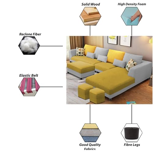 Image of Galib RHS 8 Seater L Shape Sofa Set for Living Room (Yellow Grey Fabric) Premium Fabric Sofa