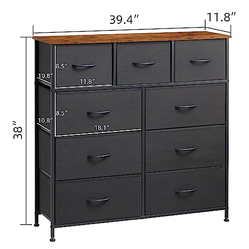Somdot Dresser, 9-Drawer Fabric Storage Tower For Bedroom, Nursery, Entryway, Closets, Tall Chest Organizer Unit With Large Capacity Fabric Bins - Black/Rustic Brown #TOP2