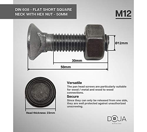 DOJA Industrial | Schlossschrauben Mutter Set | 20 Stück | 12x50mm | Gewaechshaus Flachrundschrauben | Hammerkopfschrauben mit Stopmutter | Vollgewinde Schrauben, Rundkopfschrauben, Torbandschrauben