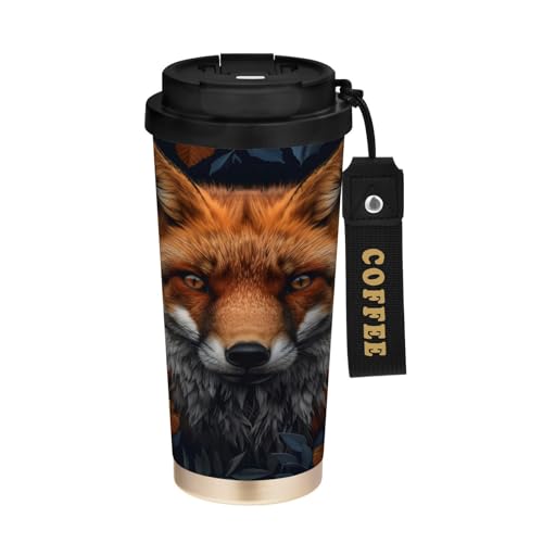 fifbird Red Fox Portrait Tasse à café isotherme en acier inoxydable 316 avec porte-gobelet de voyage 500 ml