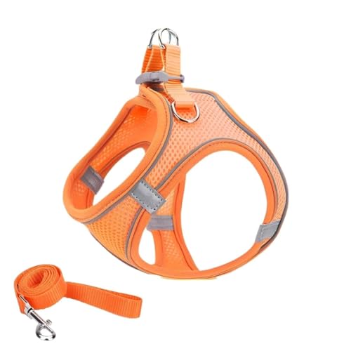 PetGround 犬 ハーネス 超小型犬 小型犬 子犬 軽量 リード付き 猫用ハーネス 反射材 メッシュ おしゃれ かわいい 通気性 簡単 抜けない 調整可能 引っ張り防止 (オレンジ, XS)