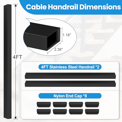 Image of 2Pack 4' Rectangular Cable Railing Handrails, Black Stainless Steel Handrail with Nylon End Caps for Stair Cable Railing System, 4FT Flat Top Cuttable Deck Cable Rail Post Handrail, RG01-H