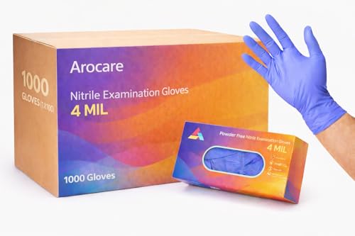 AroCare Examination Nitrile Gloves, Disposable, Powder-Free, Latex-Free, Heavy-Duty Multi-Use Protective Gloves – Case of 1000, Medium