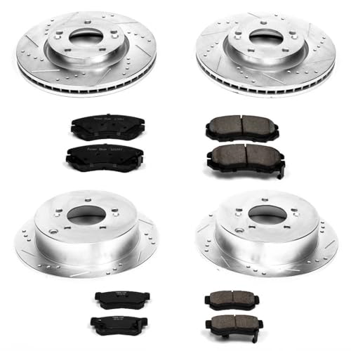 Image of PowerStop Front and Rear Brake Kit for Hyundai Tucson 2005-09 | Kia Sportage 2005-10 - Drilled and Slotted Disc Rotors with Carbon-Fiber Ceramic Brake Pads Replacement, K4448