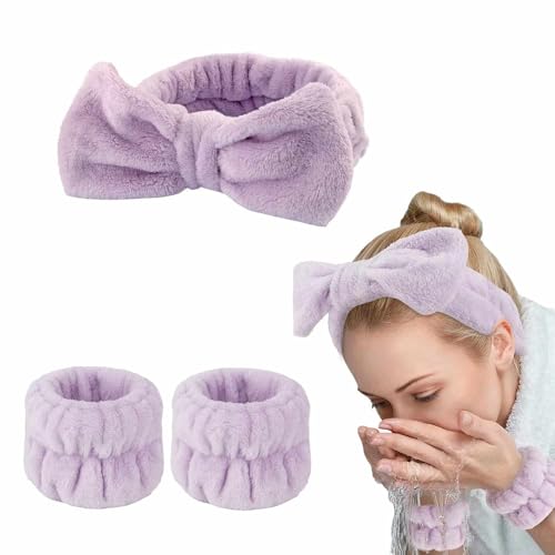 IMAXWAVE Kit de Spa para Cuidado Facial: Diadema Suave en Forma de Lazo y Muñequeras Absorbentes para Maquillaje y Tratamientos de Belleza, Ideal para Rutinas Diarias y Spa en Casa - Morado