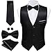 Barry.Wang Mens Black Formal Vest Slim Fit Casual Solid Color Business Suit Waistcoat Tie Bow Tie Set Wedding Party