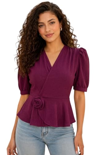 Image of IUGA Women Black Wrap Peplum Top for Women | Puff Half Sleeves V-Neck Casual Western Top | Stylish Regular Fit Tops for Girls