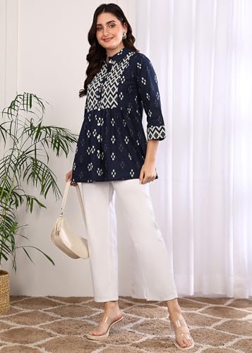 Image of Yash Gallery Women Cotton Regular Fit Geometric Print Hip Length 3 /4th Sleeve Collared Neck Short Kurti