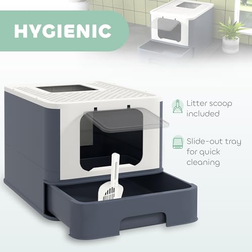 Caja de arena para gatos grande con tapa y pala, blanca miniatura 5