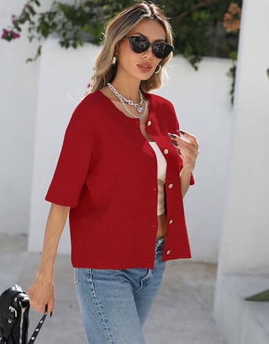 Image of Alsol Lamesa Women's Lightweight Button Up Knitted Cardigan Sweater Solid Color Short Sleeve Cute Cardigan Tops