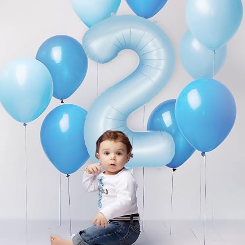 Image of Light Blue Number 2 Balloon, 40 Inch Big Large Foil Number Balloons, Giant Mylar Number 2 Balloons for 2 Second Birthday Baby Party Decorations Supplies Anniversary