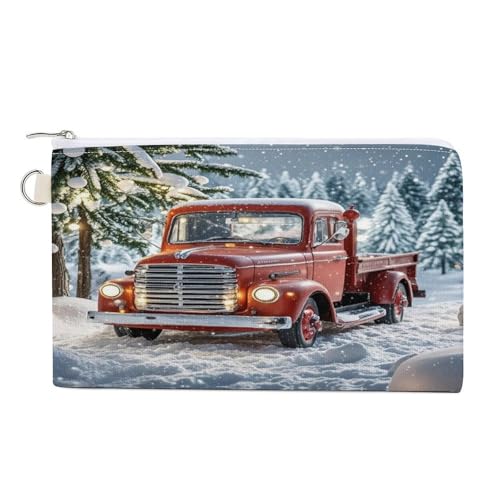 RLDOBOFE Red Christmas Truck Coin Purse Small Cash Coin Purse Pouch Mini Canvas Change Purse with Zipper Cute Coin Pouch Fashion Coin Wallet Slim Cash Change Wallet for Cards Keys Lipsticks