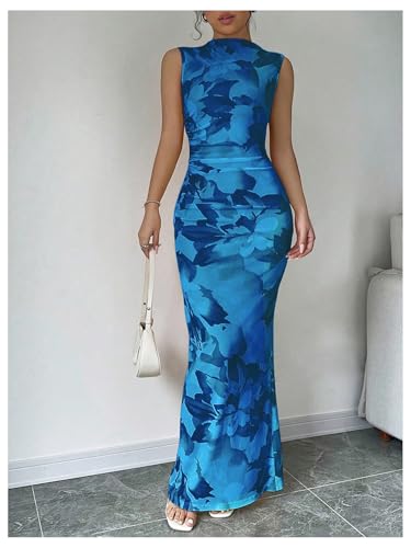 Image of BEAUDRM Women's Floral Print Midi Bodycon Dresses Split Thigh Ruched Mock Neck Fitted Tank Dress