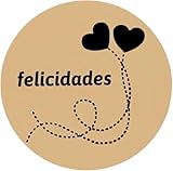 Etiquetas Adhesivas Kraft 'FELICIDADES' 45mm – 400 Unidades – Pegatinas Decorativas con Corazones – Stickers para Regalos, Bodas, Cumpleaños y Packaging