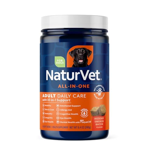 NaturVet All-in-One Adult Dog Daily Care 10-in-1 Supplement Dog Soft Chews for Mobility Skin Digestion Teeth Cognition Eyes Hickory Smoked Bacon Flavored Pet Supplement for Dogs 60 Count