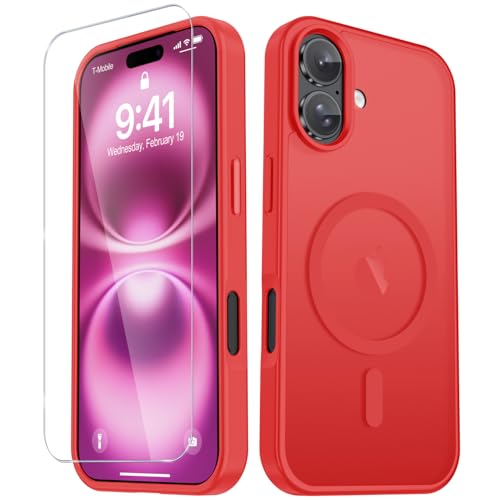 Image of YENAPOON for iPhone 17 Case, Matte Magnetic Phone Cover [with 1 Screen Protector] [Support for MagSafe] [Shockproof Military Grade Protection] Translucent Frosted Back, Red