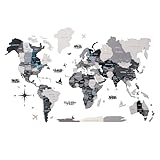 Awesometik 3D Wooden World Map, Large Wall Art, Nordik Style, Birch Plywood, Minimalist, Kitchen & Home Decor, Housewarming Gift, Wood Art, Travel Map with Rivers & Ocean Names (X-Large)