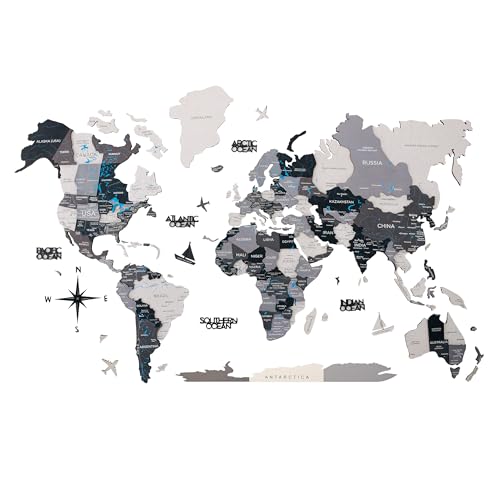 Home Decor 3D World Map Wooden Map of the World, Wall Art for Living Room, Kithcen & Home Decor. Housewarming Gift - Wood Art, Wooden Travel Map with Rivers & Ocean Names | Nordik (Medium)