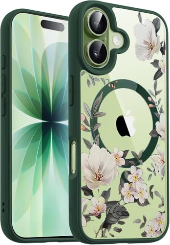 Image of VONZEE Back Cover Case Compatible with iPhone 17, Luxury Retro Flowers Floral Clear for Magnetic Wireless Charging Case Shockproof PC+TPU Cute Glossy Shiny Cover for Girls Women, 6.3'' Green