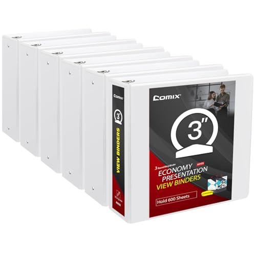 Image of COMIX Sturdy 3 Ring Binder 3 Inch with Clear View Cover | 3 inchHeavy Duty Round Ring,PVC-Free 2.4mm Board,Holds 600 Letter Sheets,Wholesale for Offices & Classrooms,6 Pack (White)