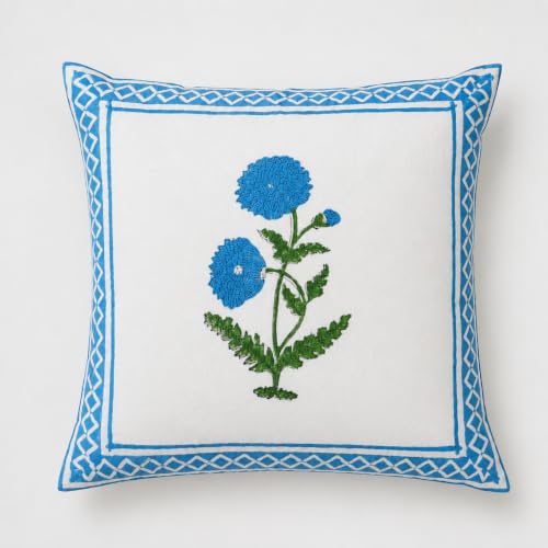Image of Cotton Cushion Covers 16x16 Inch - Hand Block Floral Print Pillow Covers for Sofa, Couch & Bedroom (Pack of 5) (Lght Blue & White)