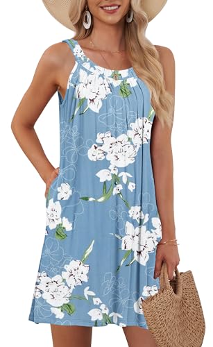 AUSELILY Women's Summer Dress UK Sleeveless Beach Cover Up Ladies Casual Dresses with Pockets Floral Light Blue XXXL