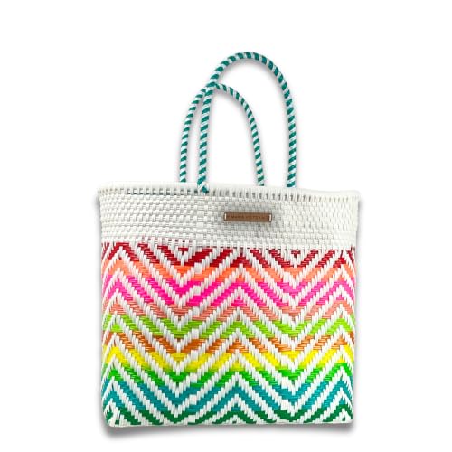 Image of MARIA VICTORIA Handwoven Plastic Mexican Tote Bag Large For Women, Waterproof, Lightweight, Multi-Color Design, Perfect for the Beach, Shopping, and Everyday Use, Ritmo Large