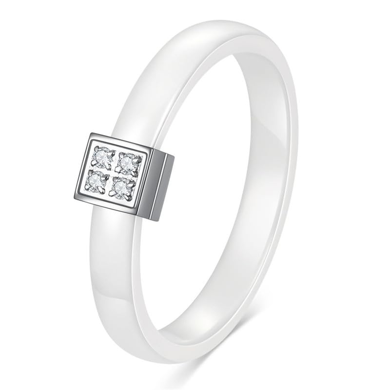 Ouruiba Bague Céramique Blanche de 4MM avec Oxyde de Zirconium Carré Bague de Mariage Alliance Fiançailles Bijoux Femme Fille Taille 59