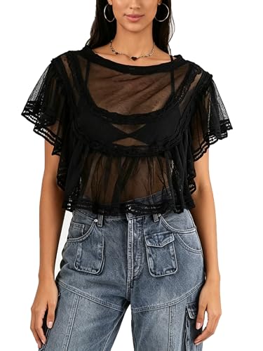 Poncho de malla transparente de mujer sexy con volantes y top holgado de verano