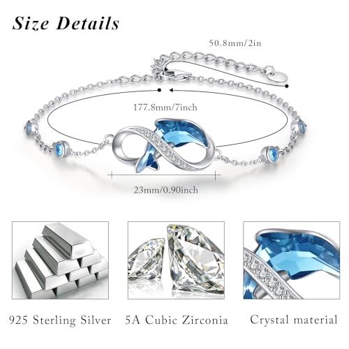 925 Sterling Silver Dolphin Bracelet for Women Cubic Zirconia Crystal Infinity Dolphin Bracelets with Cable Chain 7" + 2" Mothers Day Jewelry for Mom2