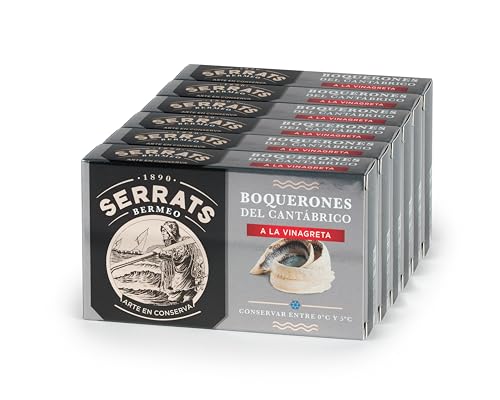 CONSERVAS SERRATS - Boquerones del Cantábrico a la Vinagreta Artesanal Tradicional - 6 Latas x 100g (Total: 600g) - Macerados en Vinagre - Limpieza Manual - Sin Espinas – Gourmet
