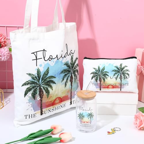 Chuangdi 4 Pcs Florida Travel Gifts Set Canvas Bag Cosmetic bag 16 oz Tumbler and Keychain Florida City Souvenirs Gifts for Traveler Friend Lover Sister4