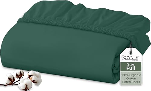 Image of Royale Linens 100% Organic Cotton Fitted Sheet - Percale Weave - Super Soft Deep Pocket Bottom Sheets - Elastic Sheet Full Size - Full Fitted Sheets Only - (54 inchx75 inch+15 inch, Hunter Green)