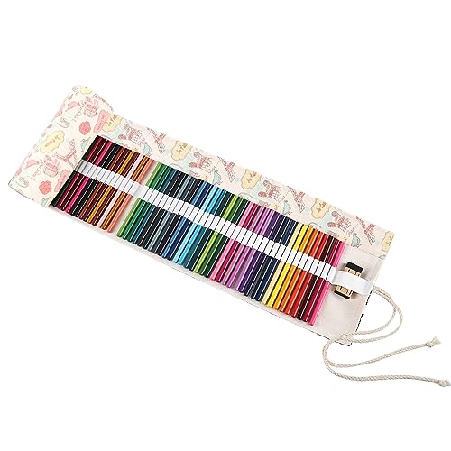 Image of Surblue Canvas Pencil Case Pencil Roll Wrap with 72 Slots Coloring Pencil Holder Organizer Paint Brush Storage Pouch Portable for Artist, Writer (Beige Rose