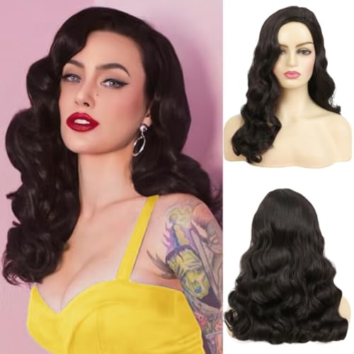 Image of Swiking Long Black Curly Wavy Wig for Women Long Finger Wave Heat Resistant Fiber Synthetic Hair Wigs for Cosplay Halloween Party Use