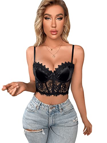 Shenhe Women's Floral Lace Underwire Longline Demi Bras Lingerie Cami Tank Crop Tops Black S #TOP3