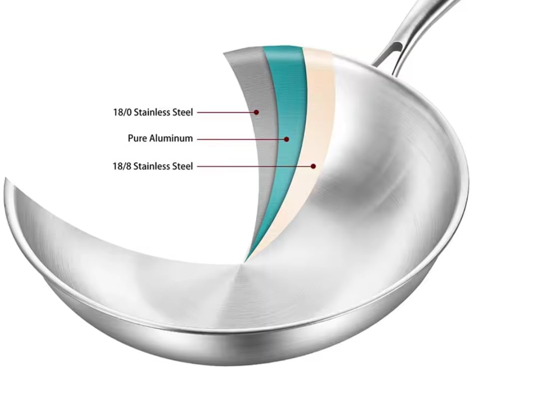 KLAUS Wok 28 cm en Inox inoxydable haute qualité Tous Feux Dont Induction | Cuisson Saine et Homogène | Facile à Nettoyer