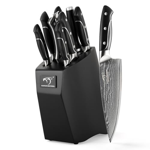 Damascus Steel Knife Set with Block, Kitchen Knife Sets 9 Piece with Sharpener, Kitchen Knives for Chopping, Slicing, Dicing Cutting by NANFANG BROTHERS