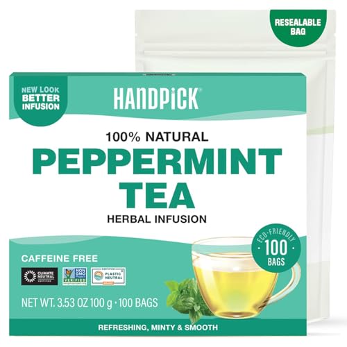 HANDPICK, Peppermint Tea, Eco-Conscious Tea Bags - 100 Count | Caffeine Free, Non-GMO | Minty, Fresh & Cool flavor | Direct From Source