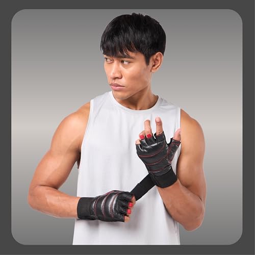 Image of CULT Fitness Training Gloves for Men & Women - Premium Grip Unisex Workout Gloves with Breathable Lycra & Half-Finger Design - Durable, Anti-Slip, Sweat-Absorbent Gym Gloves - Black Red | Small
