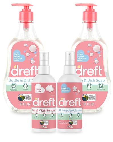 Image of DREFT Bottle and Dish Soap Baby Gift Set - Bonus Travel Size Dreft All Purpose Cleaner & Stain Remover - Made to Clean Baby Essentials - Plant Based Ingredients, Fragrance Free Formula - 4 Piece Set