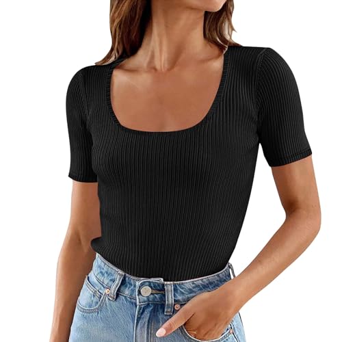 T-Shirt Col Carré Femme Manches Courtes Coupe Ajustée Basique Été Uni