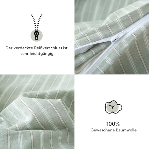 SOULFUL Bettwäsche 135x200 Baumwolle 4teilig Gestreift Bohnengrün & Weiß – Ansicht 3
