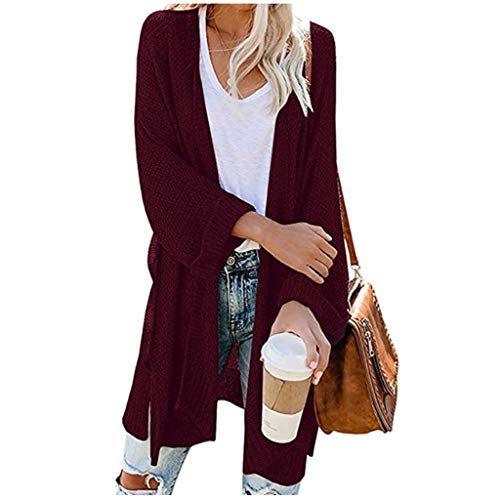 vermers Womens Knit Sweater Casual Loose Solid Color Open Front Long Sleeve Cardigans Tops(L, Wine)